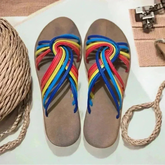 021 Clarks | EUC Rainbow-color Red Yellow Blue Twisted Straps Sandals (Size 6) - Picture 2 of 6